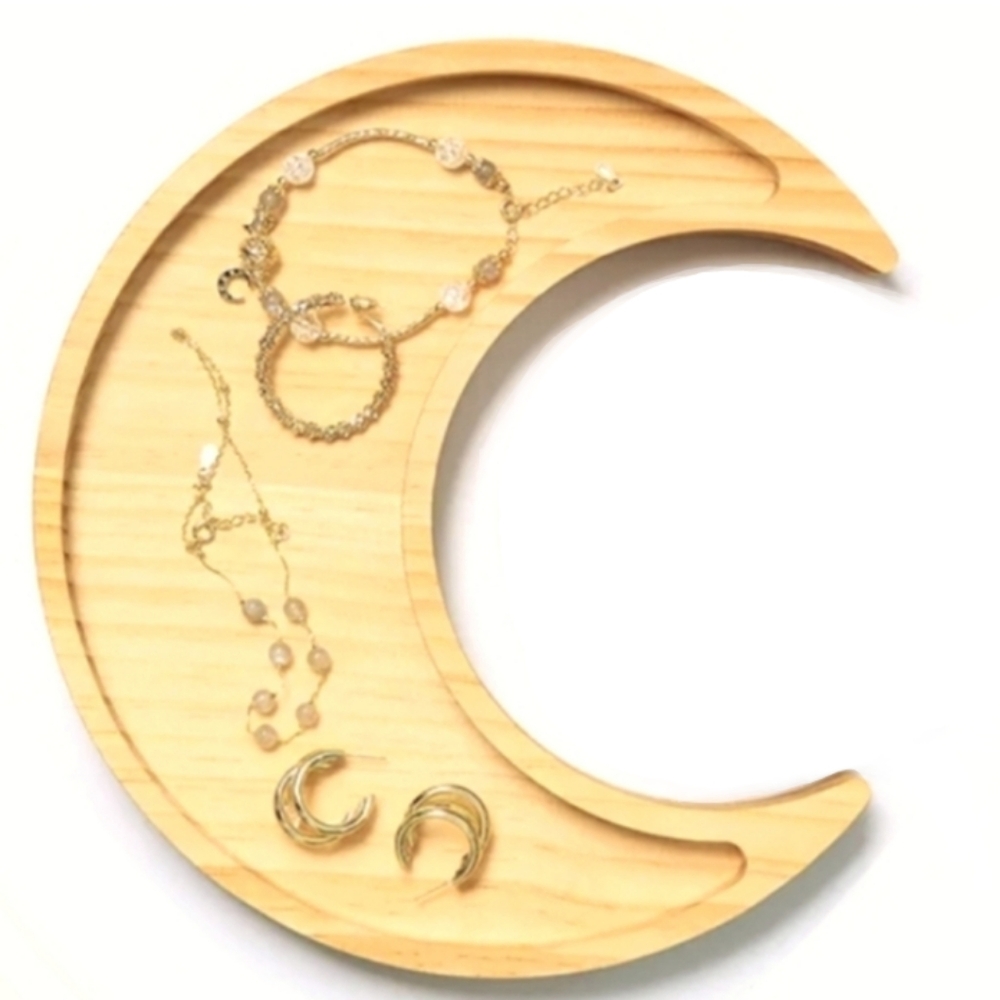 Crescent Moon Tray Natural Wood Dish Jewelry Crystal Gem Display Celestial Decor